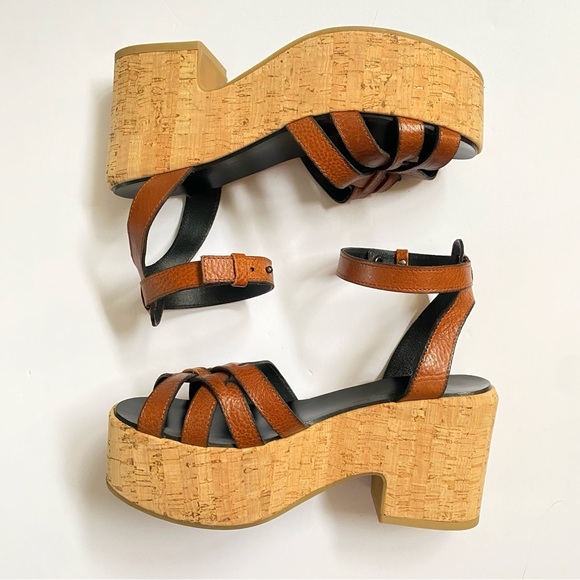 WEEKEND MAX MARA MAXMARA BROWN LEATHER STRAPS TAN CORK HEEL PLATFORM SANDALS - Picture 6 of 9